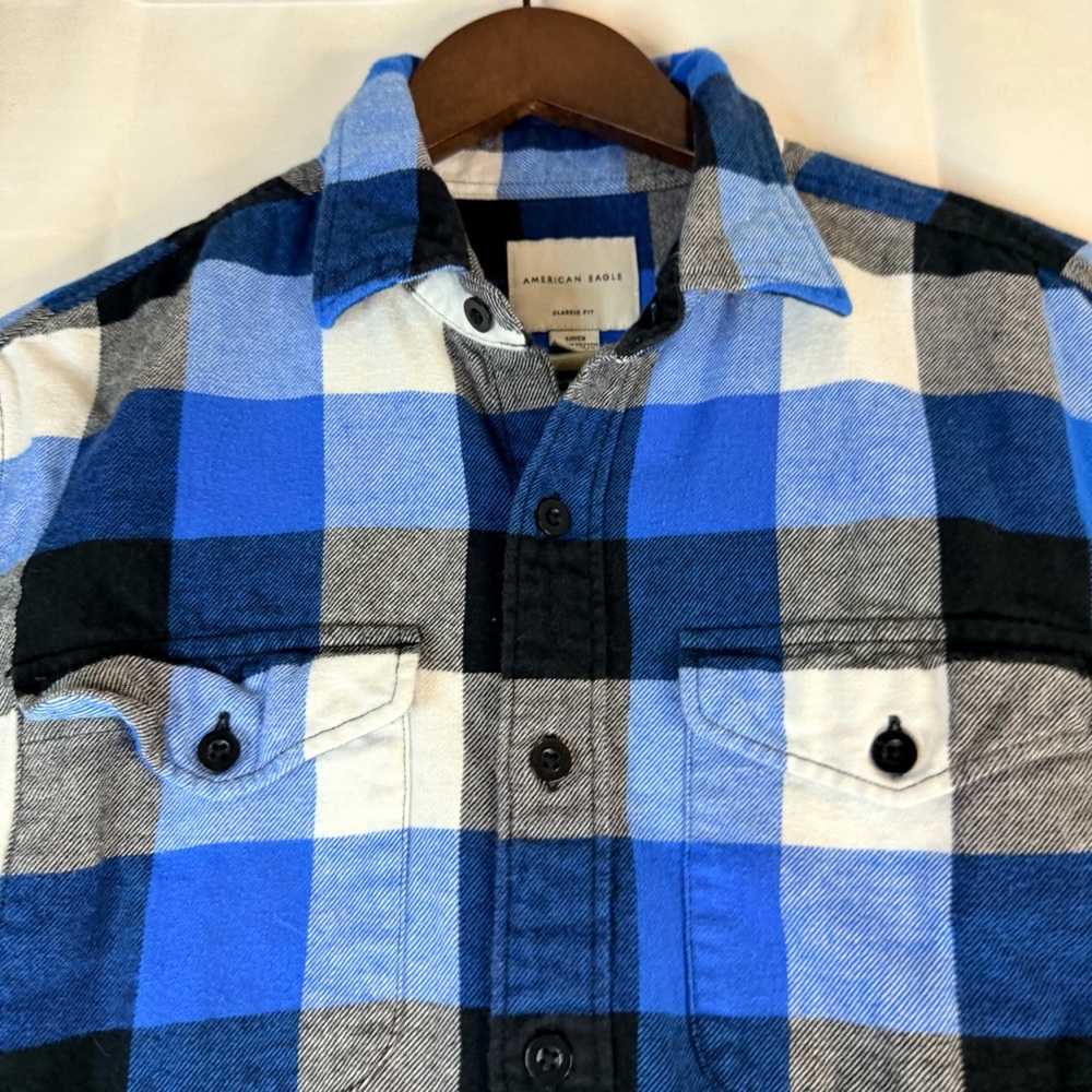 AMERICAN EAGLE Men’s Size S Shirt Button Down Blue Buffalo Plaid Flannel Classic - Picture 7 of 16